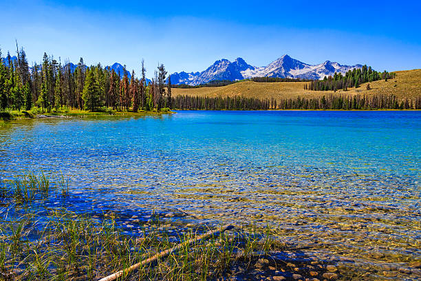 bergkette sawtooth mountains, lake, idaho (id), sawtooth national forest, blue sky - sawtooth national recreation area stock-fotos und bilder