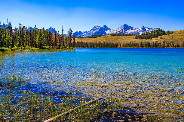 Sawtooth mountains, lake, Idaho (ID), Sawtooth National Forest, blue sky Morning light grazes across the Sawtooth Mountains with lake in foreground - near Stanley, Idaho (ID) Sawtooth National Recreation Area stock pictures, royalty-free photos & images