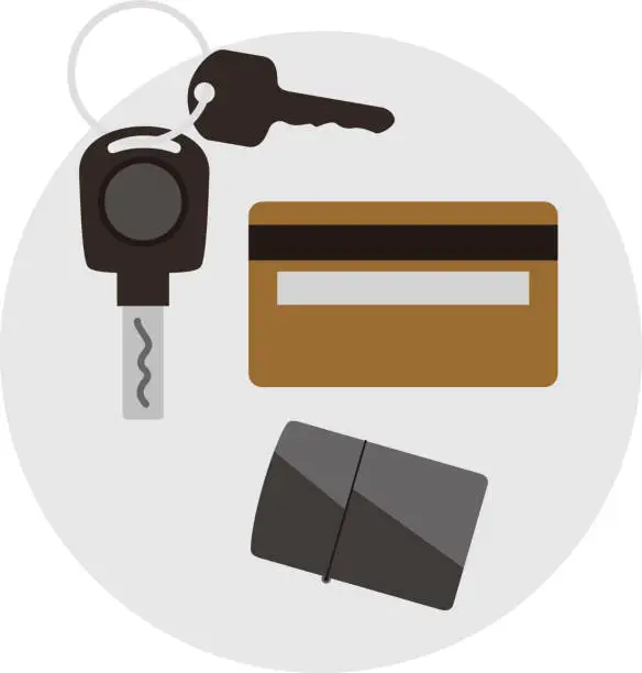 Vector illustration of car key and credit card on the desk, top view