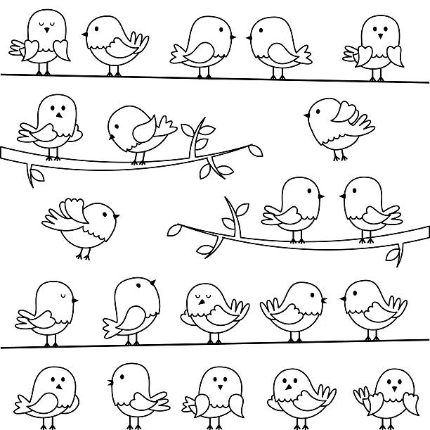 illustrazioni stock, clip art, cartoni animati e icone di tendenza di set vettoriale di uccelli di linea arte fumetto - birdsong