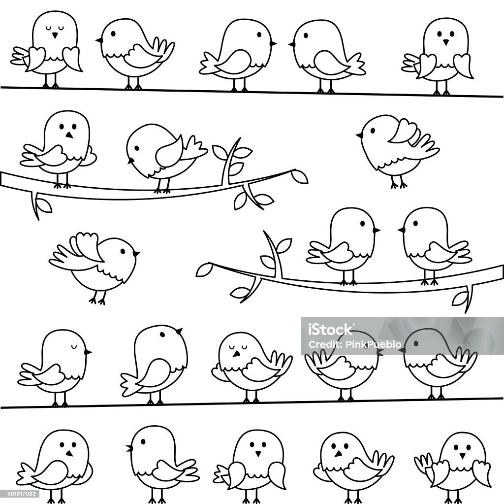 Vector Set Of Line Art Cartoon Birds Stock Illustration - Download Image  Now - Bird, Telephone Line, Cute - iStock