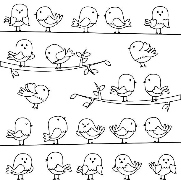 Vector illustration of Vector Set of Line Art Cartoon Birds