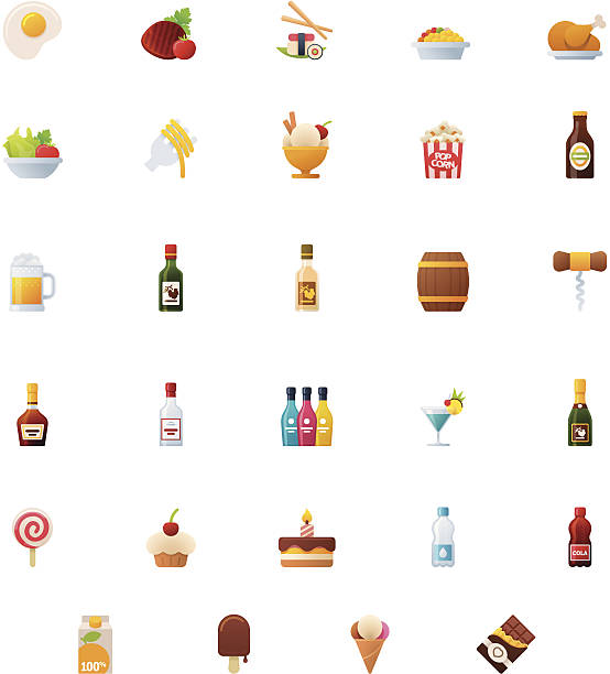 ilustraciones, imágenes clip art, dibujos animados e iconos de stock de conjunto de iconos de alimentos y bebidas - salad glass chicken garnish