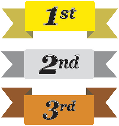 Winners ribbons for first, second and third place in gold, silver and bronze isolated on white