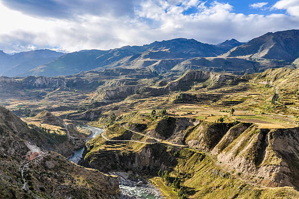 Panoramic view in the Colca Canyon, Peru Panoramic view in the deep Colca Canyon, Peru colca canyon stock pictures, royalty-free photos & images