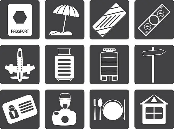 Vector illustration of Black Travel, Holiday and Trip Icons