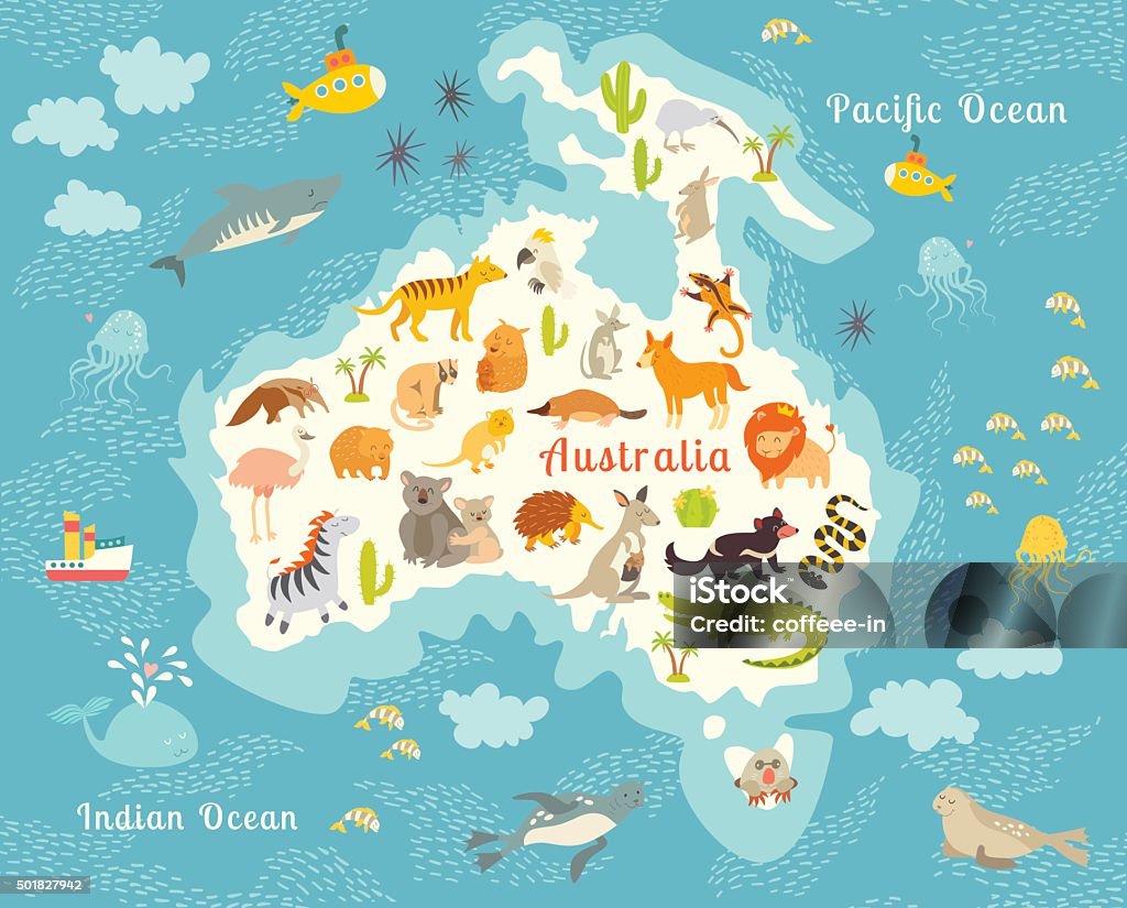 Animals world map, Australia. Vector illustration Animals world map, Australia. Vector illustration, preschool, baby, continents, oceans, education, drawn, Earth Australia stock vector