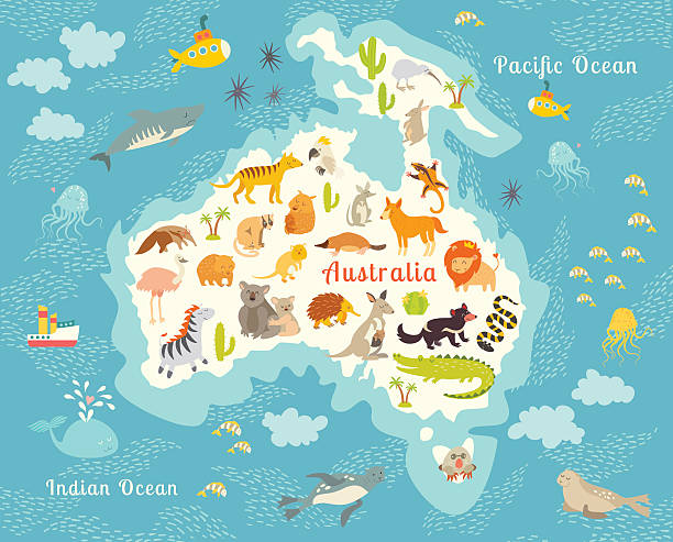 Animals world map, Australia. Vector illustration Animals world map, Australia. Vector illustration, preschool, baby, continents, oceans, education, drawn, Earth tiger shark stock illustrations