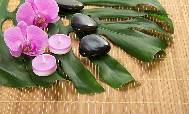 istock Leaf of monstera, orchid, candle and stones 501829767
