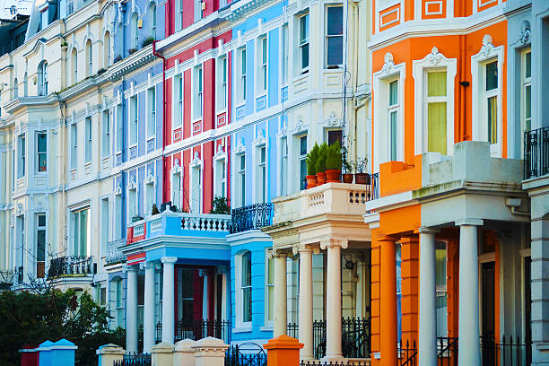 portobello road, notting hill, london - row house architecture tourism window fotografías e imágenes de stock