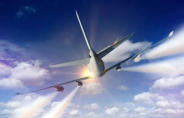 Airplane Traveling Concept Illustration Commercial Airplane Rear View  with Contrails.