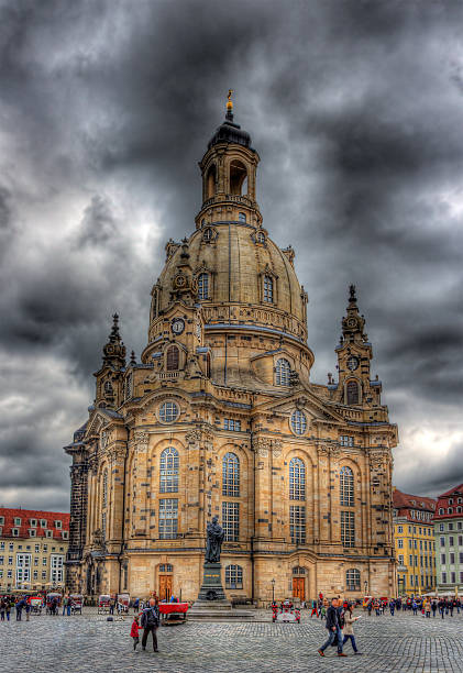Lutheran church of Our Lady aka Frauenkirche with market place at night in Dresden, Saxony, Germany