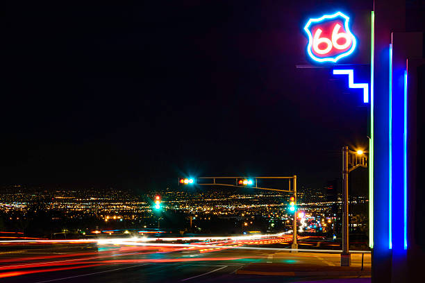 Route 66, Central Avenue, Albuquerque New Mexico. Neon route 66 sign on Central Avenue in Albuquerque.