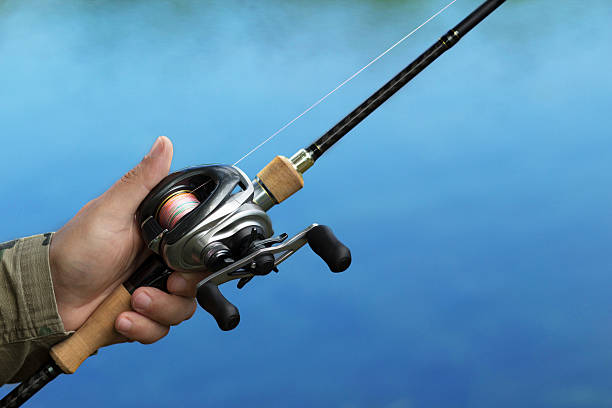 Casting and spinning fishing reel in hand fisherman