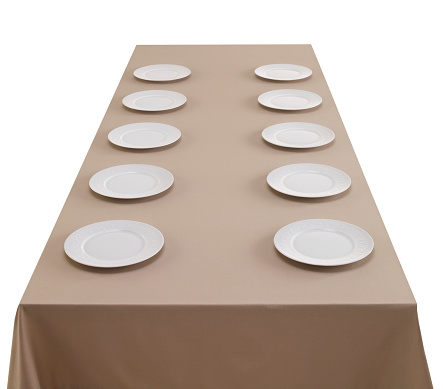 empty table  full of plates with perspective