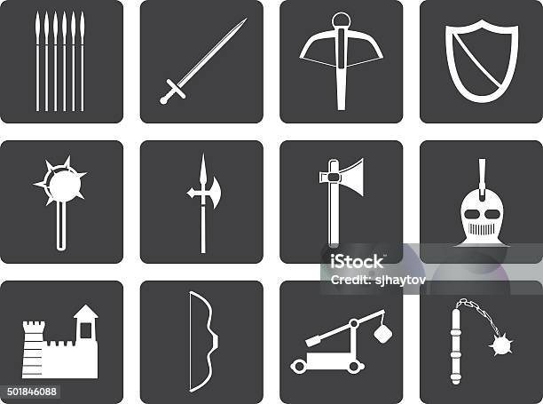 Black Medieval Arms And Objects Icons Stock Illustration - Download Image Now - Adult, Adventure, Archery Bow