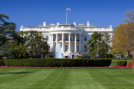 The South Portico of the White House. Washington DC. The White House is the official residence and principal workplace of the President of the United States, located at 1600 Pennsylvania Avenue. Beautifully landscaped lawn with flowers, fountain and blooming trees is in foreground. Deep blue clear sky is in background. American flag is flying atop. The image lit by spring evening sun. Canon 24-105mm f/4L lens.