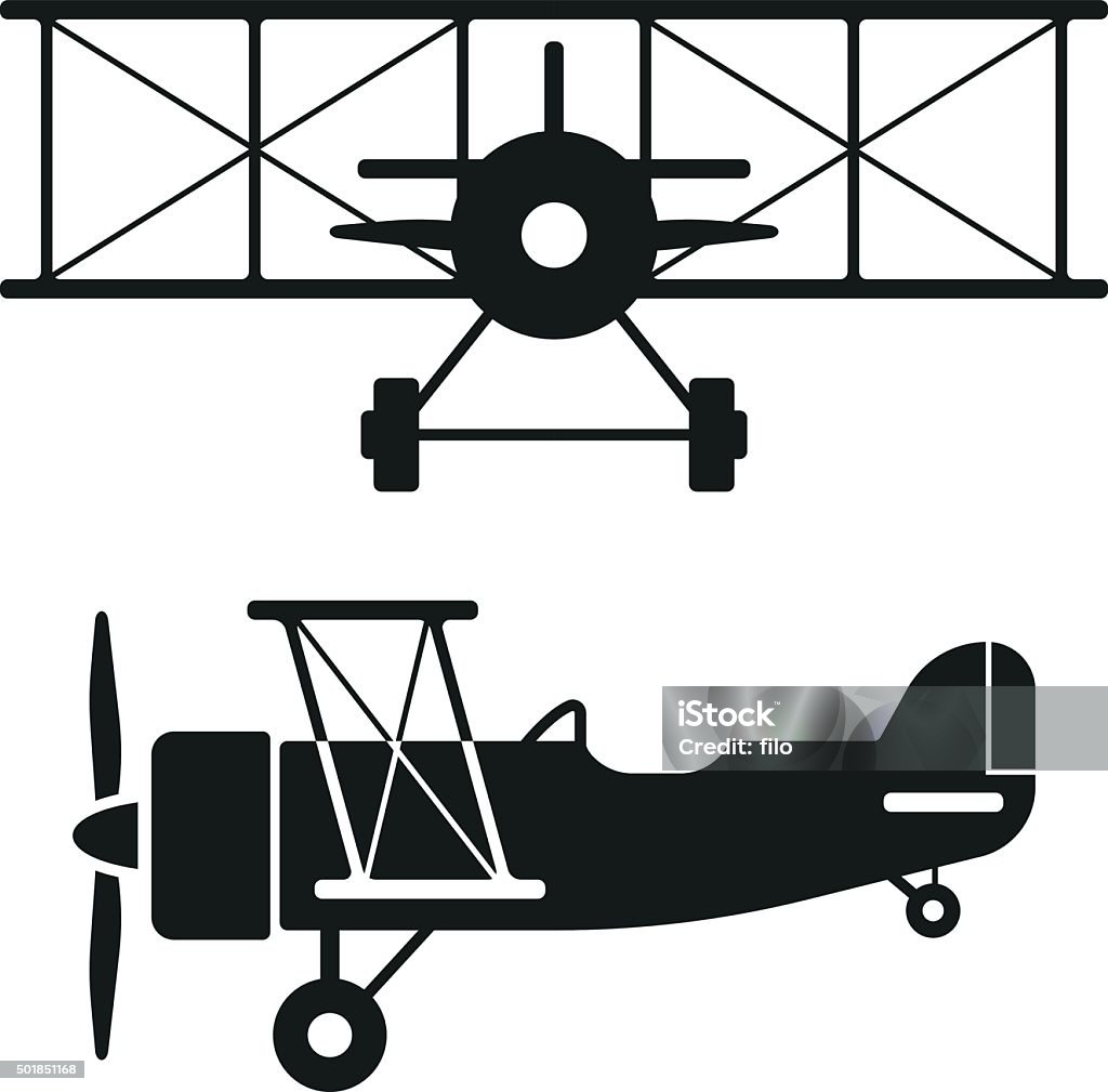 Biplane Retro Plane Silhouettes Side view and front view of a retro biplane. EPS 10 file.  Wright Flyer stock vector