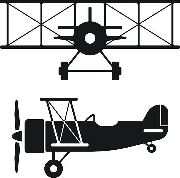 Biplane Retro Plane Silhouettes Side view and front view of a retro biplane. EPS 10 file.  wright brothers stock illustrations