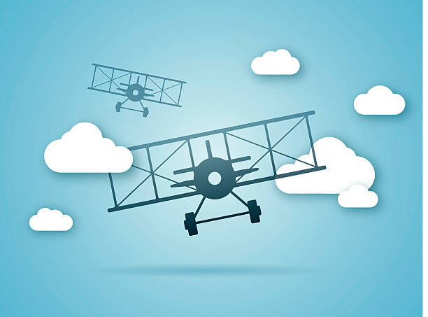 illustrations, cliparts, dessins animés et icônes de biplanes volant dans les nuages - airplane biplane retro revival old fashioned