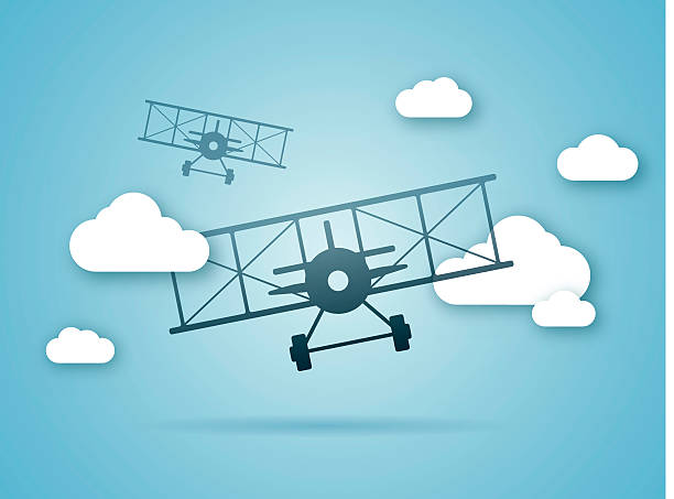 Biplanes Flying in the Clouds Biplanes flying forward in the clouds. EPS 10 file. Transparency effects used on highlight elements. wright brothers stock illustrations