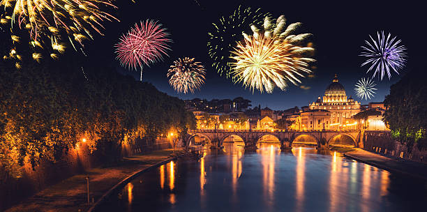 Rome skyline with fireworks on the background for new year