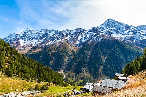 Stunning view of the Bietschhorn Breithorn and mountain range of alps in canton of Valais from the hiking path above the Loetschental valley, Switzerland.