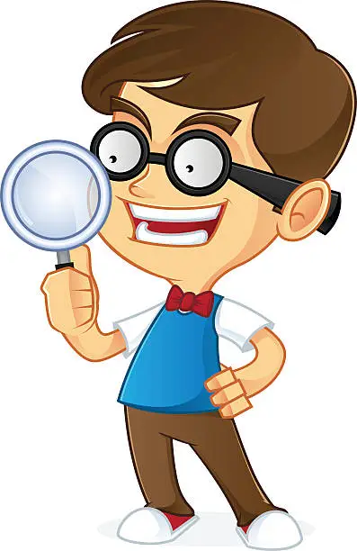 Vector illustration of Nerd boy holding magnifying glass