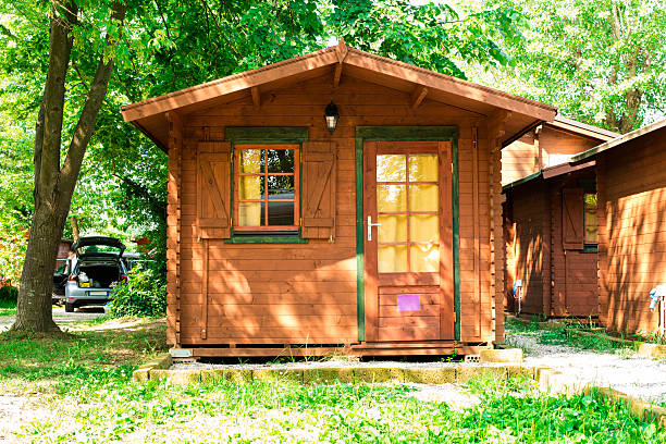 istock Wooden bungalows on campsite camping 501859845