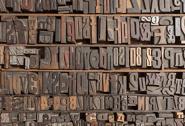 Collection of various wood type letters for printing