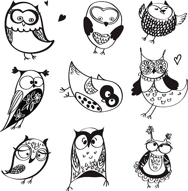 owls linie zeichnungen - bettafish stock-grafiken, -clipart, -cartoons und -symbole