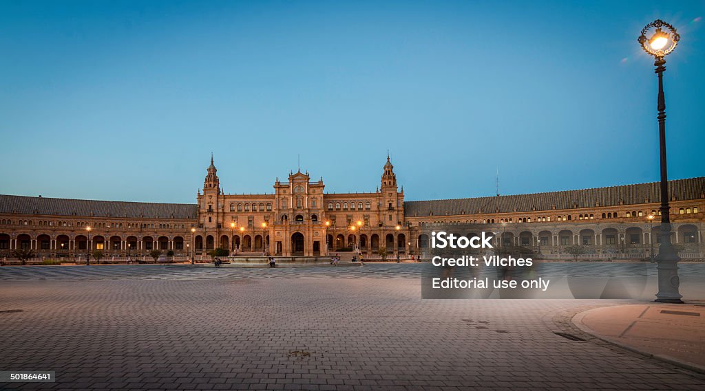 Plaza España, Seville Seville, Spain - June 28, 2014:Front view of the main building of Plaza España in Seville while is starting to get dark.  Plaza de Espana - Seville Stock Photo