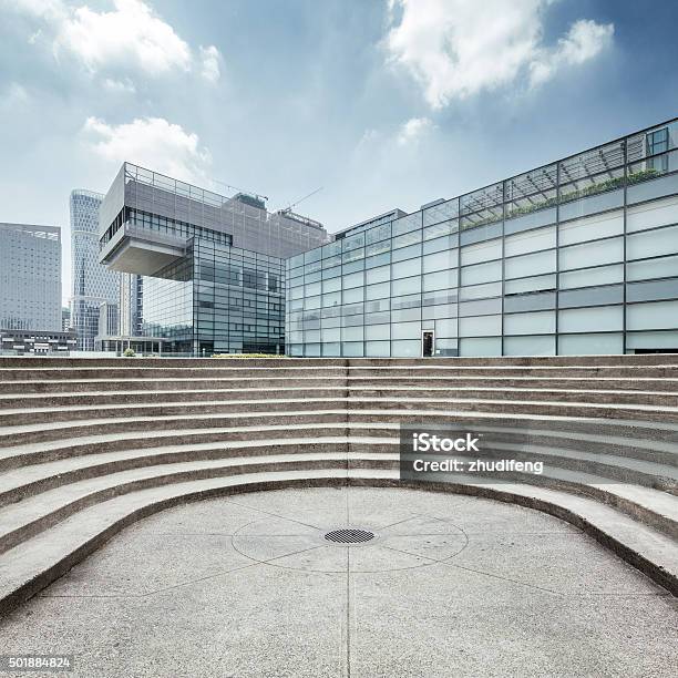 Skyline And Empty Floor Front Modern Building Stock Photo - Download Image Now - 2015, Abstract, Architecture