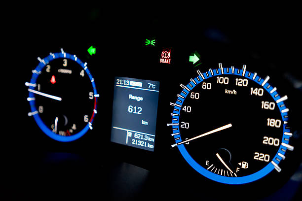 istock Backlit gauges of an automobile. 501885012