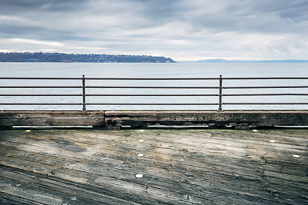 landscape of sky and water of lake from old wooden floor