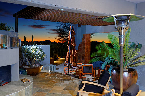 istock Architectural features in contemporary style residential luxury home at sunset 501885876
