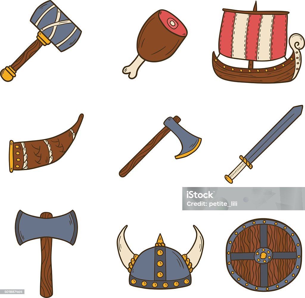 Icons on viking theme Set of cartoon hand drawn icons on viking theme Viking Helmet stock vector