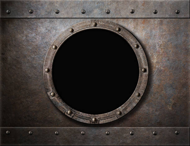 submarine armoured porthole or window metal background submarine armoured porthole metal background with rivets ironclad stock pictures, royalty-free photos & images