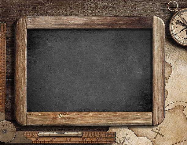 istock Treasure map, blackboard, old compass and ruler on wood desk 501888180