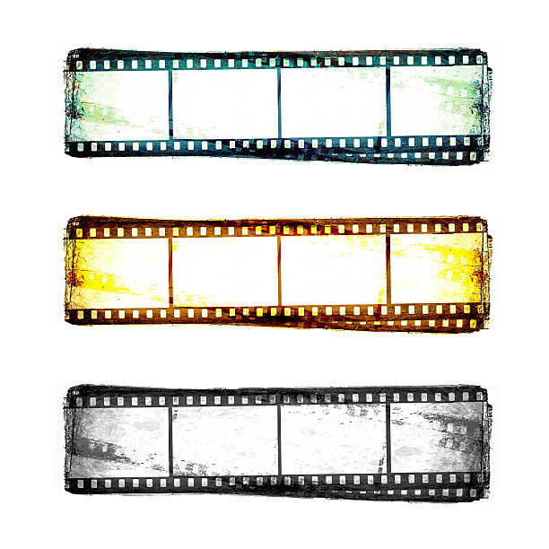 Old film strips Set of three various 35mm camera film strip, old and grunge, with copy space, isolated on white background. negative image technique photos stock illustrations