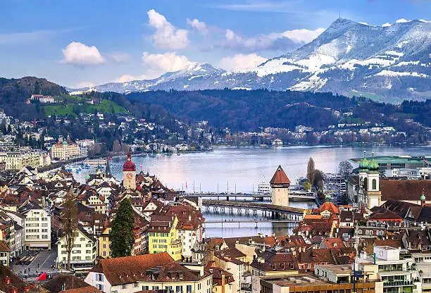 Lucerne, Switzerland, aerial view of the old town, lake Lucerne and Rigi mountain