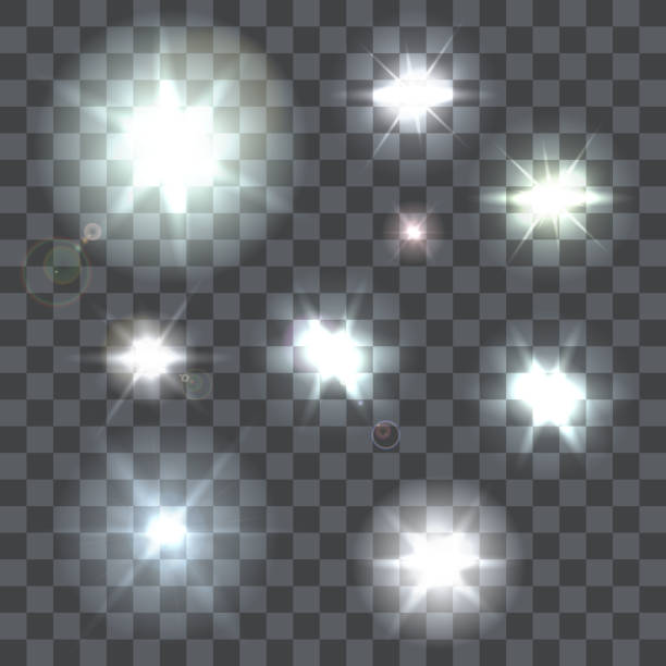 Set of vector lens flares beams and flashes on transparent Set of nine vector lens flares beams and flashes on transparent background flash bulb stock illustrations