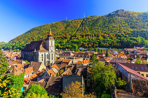Brasov, Transylvania. Romania. Panoramic view of the old town center and Tampa mountain.
