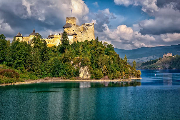 Czocha Castle, the favorite castle of the admirers of the novel J.K. Rowling-Harry Potter.View from above the lake in the morning