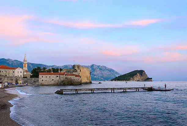 Photo of Evening view of the beach at the Old Town of Budva, Montenegro