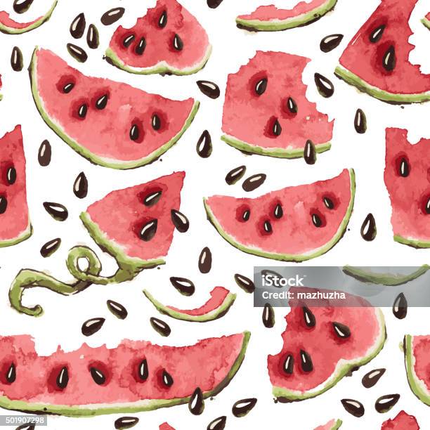 Vector Seamless Pattern With Watercolor Watermelon Slices Stock Illustration - Download Image Now