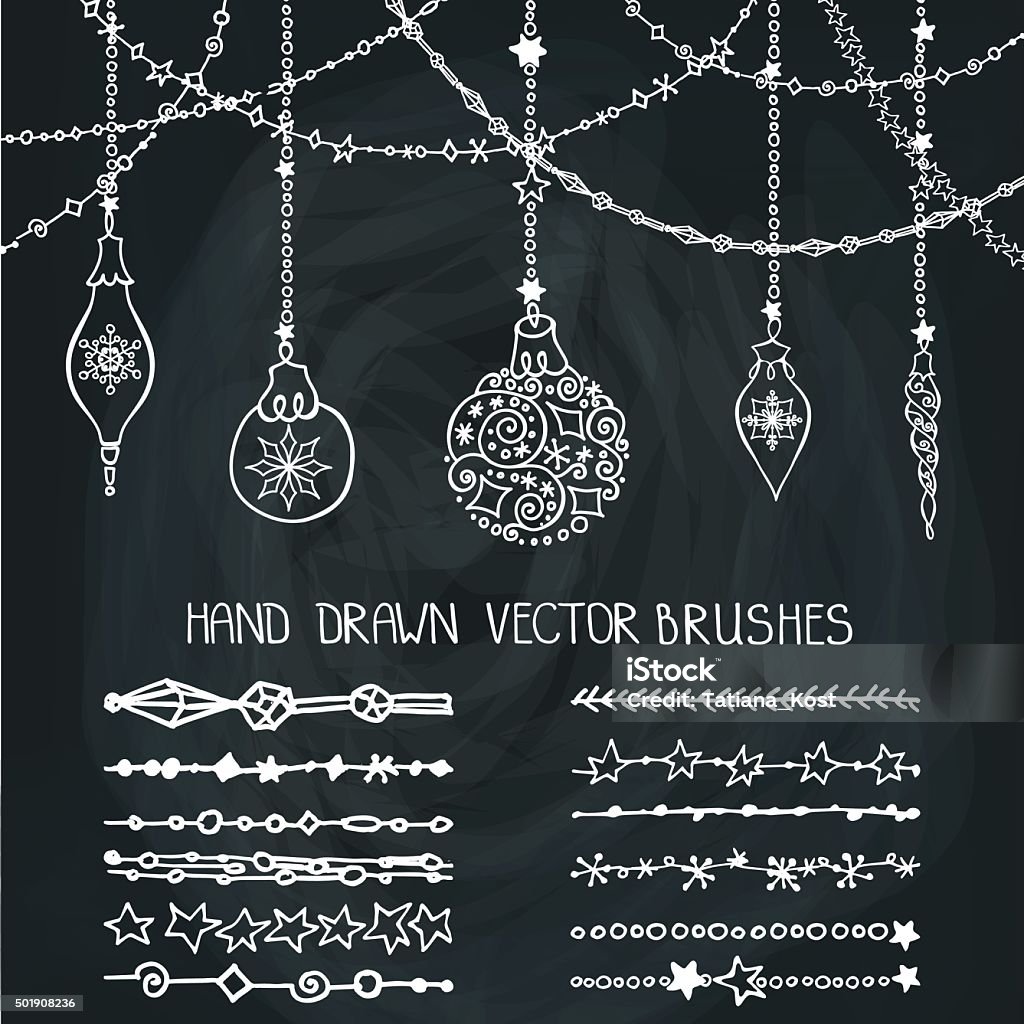 Christmas garland brushes,balls.Chalkboard Christmas Hand drawn garland brushes with ornate balls.New year doodle pattern textures.Decoration vector set.Winter symbols in line border.Used brushes included.Design template,card.Chalkboard Abstract stock vector
