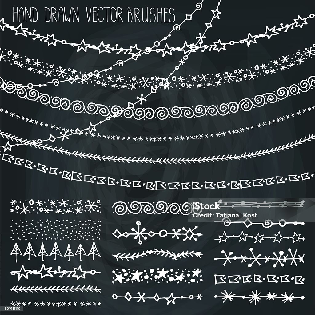 Winter garland brushes set.Christmas doodles.Chalkboard Christmas Hand drawn garland brushes.New year doodle pattern textures,snowflakes, stars ornament.Decoration vector set.Winter symbols.Used  brushes included.Chalkboard background Abstract stock vector