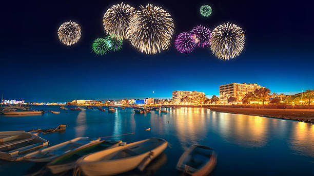 istock Beautiful fireworks under Ibiza island night view 501911880
