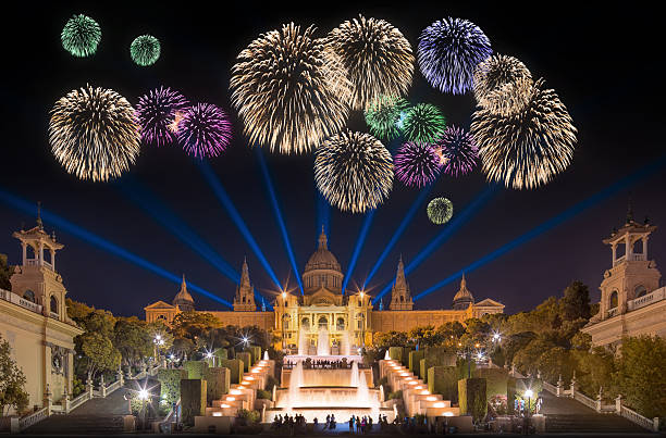 Fireworks under Magic Fountain in Barcelona stock photo
